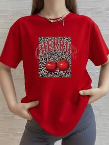 Divertida Camisa de T con estampado digital de 220 gramos Cerezas y Leopardo 1 unidad de 100% algodón puro Estilo vintage Camiseta casual de manga corta para mujer de talla grande, Diseño Gráfico Estético Verano Casual Elegante Top. - Rojo - Ver 1