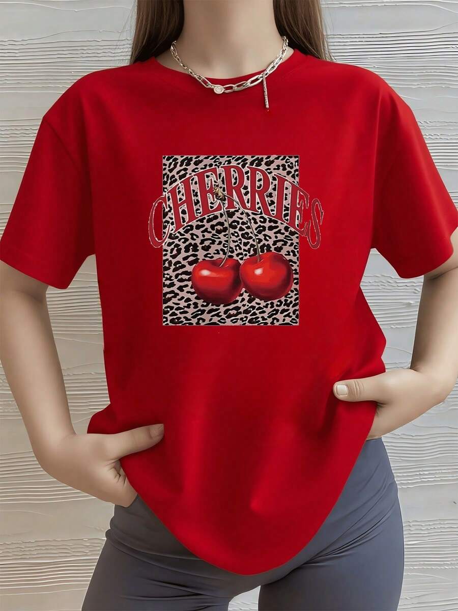 Divertida Camisa de T con estampado digital de 220 gramos Cerezas y Leopardo 1 unidad de 100% algodón puro Estilo vintage Camiseta casual de manga corta para mujer de talla grande, Diseño Gráfico Estético Verano Casual Elegante Top. - Rojo - Ver 1