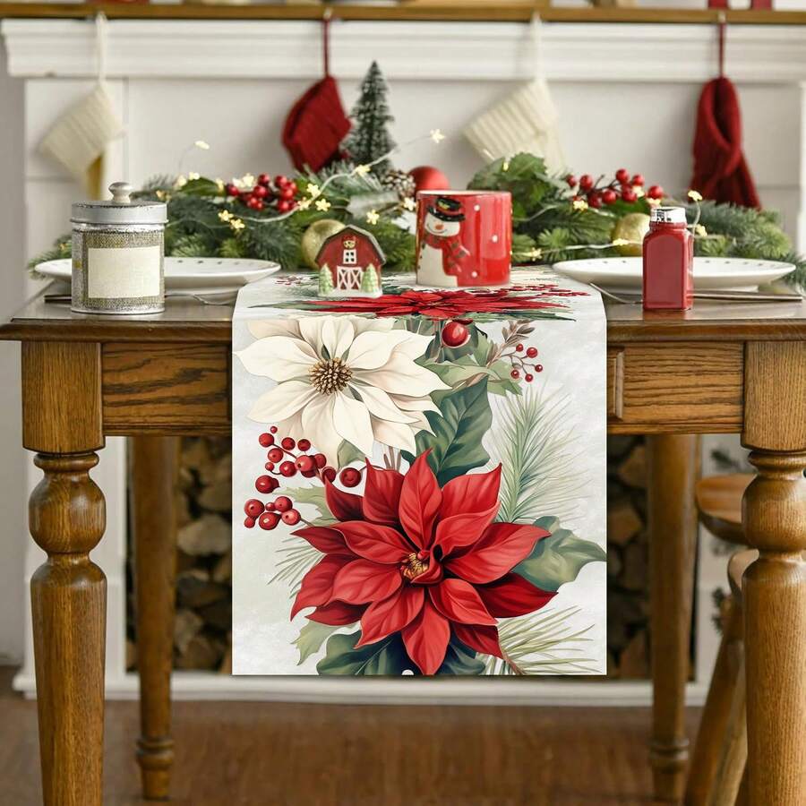 1 pieza Bandera de mesa navideña roja y blanca con flores, patrón de elementos como flores rojas y blancas, hojas, bayas, etc. Mantel, de poliéster/lino. Perfecta decoración para la Navidad, fiestas navideñas, decoración de habitaciones, decoración de mesa, decoración del hogar, decoración de cocina, decoración navideña, adornos navideños (2D)