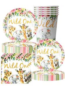10pcs WILD ONE Wild Animals Theme Party Birthday Tableware Forest Animals Paper Plates Paper Cups Paper Towels Camping Travel Camping - Multicolor - View 1