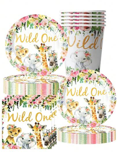 10pcs WILD ONE Wild Animals Theme Party Birthday Tableware Forest Animals Paper Plates Paper Cups Paper Towels Camping Travel Camping