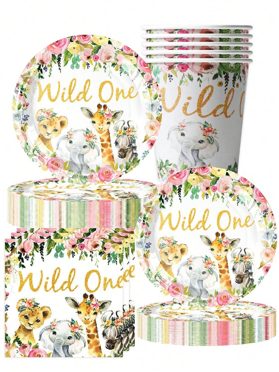 10pcs WILD ONE Wild Animals Theme Party Birthday Tableware Forest Animals Paper Plates Paper Cups Paper Towels Camping Travel Camping - Multicolor - View 1