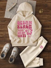 2pcs Tween Girl Printed Thermal Lined Hoodie Set, Warm Long Sleeve Sweatshirt And Pants For Autumn/Winter, Soft And Comfortable Children Hoodies To Express Their Personalized