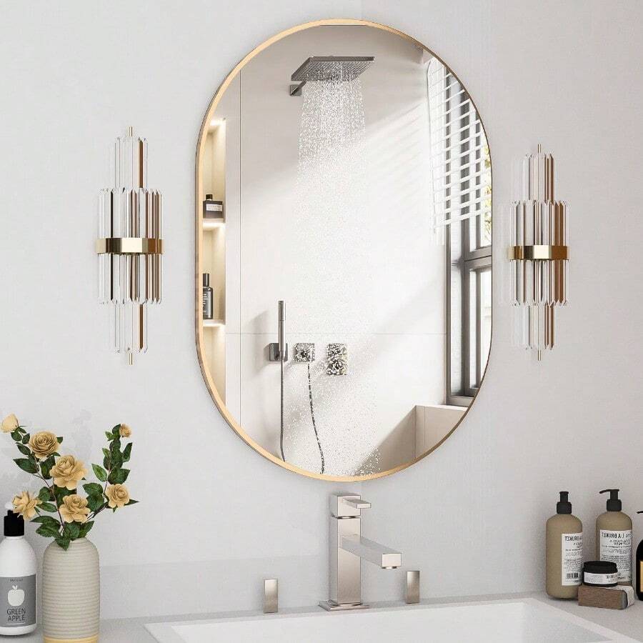 Oval Bathroom Mirror Capsule Wall Vanity Mirror 20x30 Pill Mirrors Wall Mounted Mirror Large Modern Mirror With Gold Metal Frame Decor For Entryway Bedroom Living Room - 20Lx30W - Xem 1