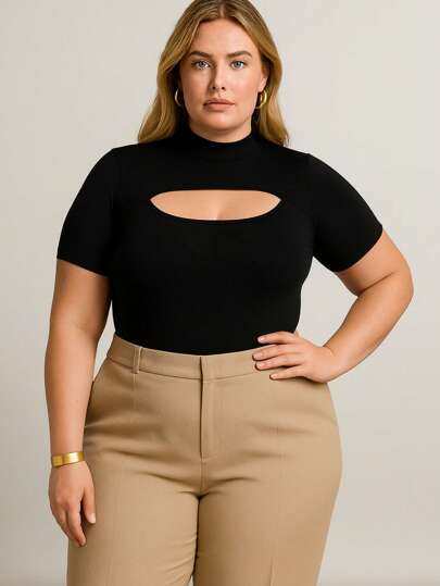 Body collant manga curta gola alta feminino plus size elegante sofisticado versátil premium clássico casual inverno outono moda urbana costas fechada