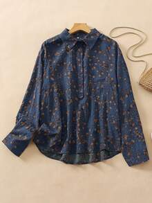 Women's Ditsy Floral Long Sleeve Versatile Base Layer Top, Fashion Polo Collar Cardigan Blouse