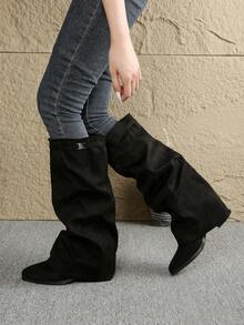 Women's Pointed Toe Comfortable Boots, Wide Shaft Straight Tube Versatile, Buckle Fashionable, Thick Heel Pants Boots, Spring/Autumn,Party - Black - View 4