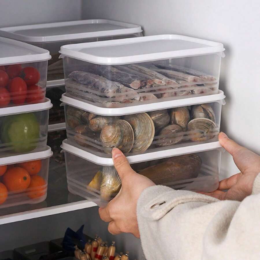 5 piezas Caja de almacenamiento de alimentos de cocina, Recipiente de refrigerador con tapa, Contenedor separador reutilizable para refrigeradores y microondas, Material de PP transparente, Organizador de alimentos apto para carne, frutas, verduras, utensilios de cocina del hogar - cubierta blanca - Ver 1