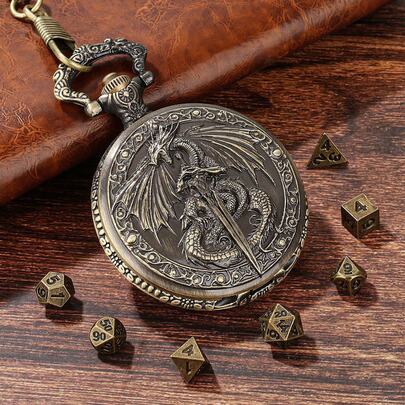 Juego de dados mini (con bolsa de almacenamiento gratis), caja de reloj de bolsillo con espada de dragón, incluye 7 dados mini metálicos de D20 de varios lados, accesorios de juego de mesa RPG, regalo de Navidad personalizado (para novio), regalos creativos para hombres, regalos divertidos para adolescentes