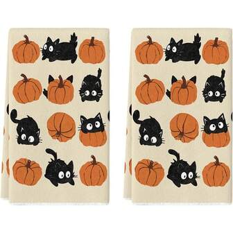 Set Of 2 Pumpkin Black Cat Fall Kitchen Towels Dish Towels, 16x24 Inch Farmhouse Autumn Decoration Hand Towels