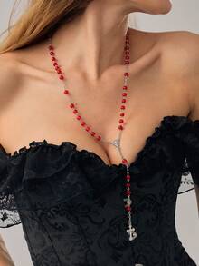 1pc Gothic Style Personalized Cross Beaded Necklace, Suitable For Women's Daily Or Party Wear, Halloween Accessory