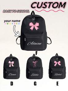 Personalized Pink Bow Print Students Backpack,Customized Name Classical Casual Day Pack College Backpack,Large Capacity Laptop Backpack,Lightweight School Book Bag
