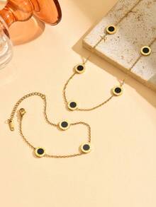 5 件套奢华钛钢罗马数字水钻手链、项链、戒指、耳环首饰套装，独特设计，适合女士 - 金色 - 查看 12