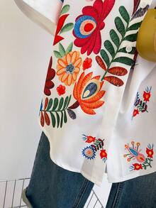 女士印花蝙蝠袖短袖休闲度假宽松衬衫，夏季白色 - 白色 - 查看 7