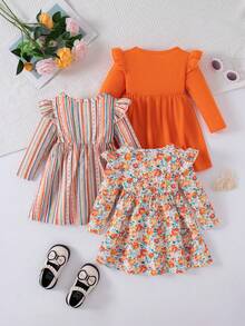 3件套小女孩荷叶边花卉印花波点条纹图案连衣裙 - 橘色 - 查看 2