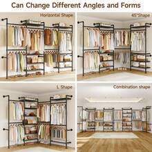 L4 Wall Mounted Industrial Pipe  Clothes Rack, Closet Organizer System With 6 Hanging Clothes Rods ( 4 Expandable Rods ), Clothing Rack With 8 Shelves, Heavy Duty Corner Garment Rack, Large Storage Wardrobe Closet Kit
