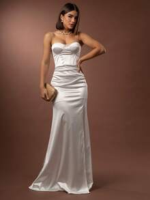 LONG WEDDING PARTY DRESS FOR BRIDESMAID FASHIONISTA STRAP-OFF WITH SLIT - WHITE - View 1