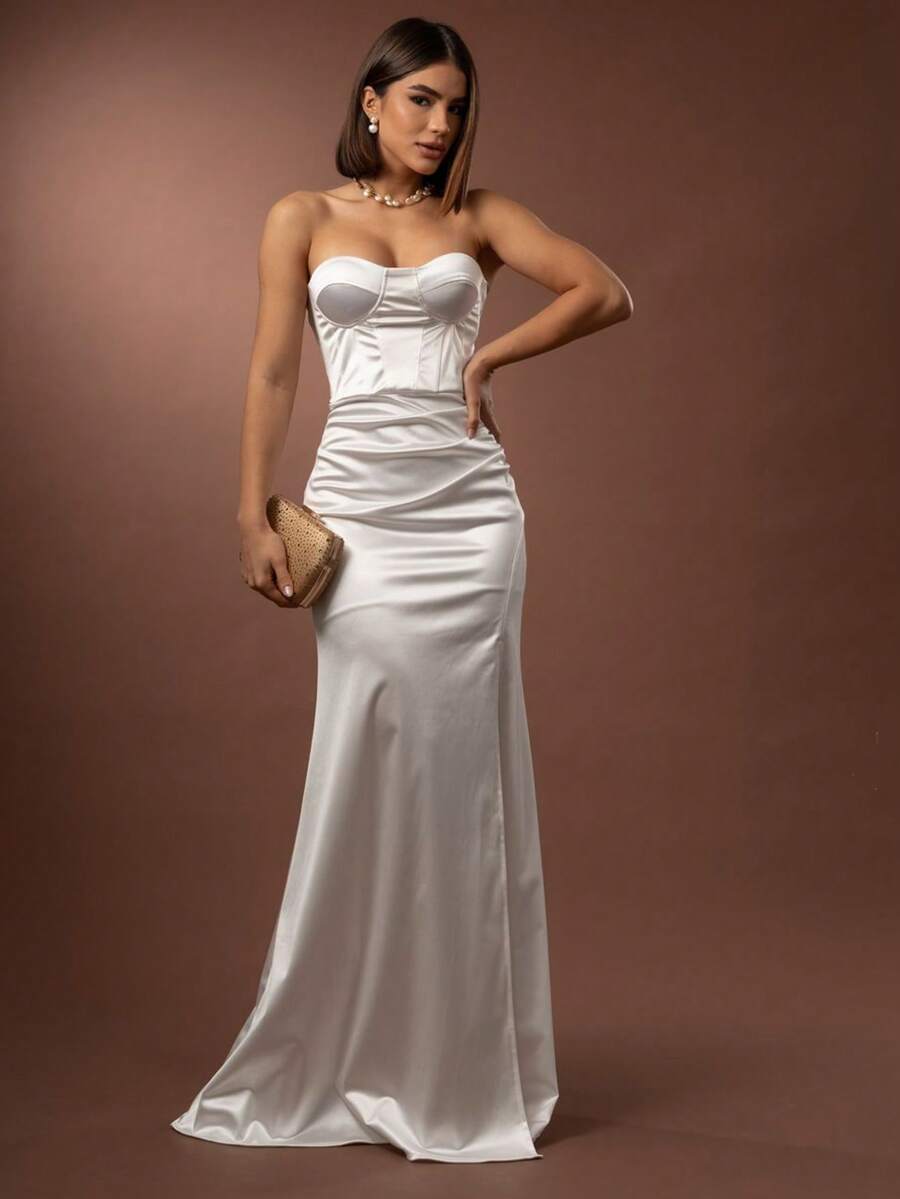 LONG WEDDING PARTY DRESS FOR BRIDESMAID FASHIONISTA STRAP-OFF WITH SLIT - WHITE - View 1