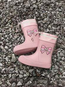 儿童雨鞋女成人韩版防滑可爱甜美蝴蝶结学生防水保暖内衬靴女外穿水鞋 - 粉色 - 查看 2