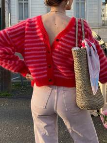 GLOpass Women's Autumn/Winter Y2K Striped Texture Casual Fashion Knit Cardigan, Striped Contrast Button Front Sweater Top