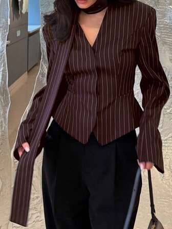 Chaqueta de blazer elegante a rayas para mujer, chaqueta de lujo con cuello en V y mangas largas para mujer con bufanda anudada