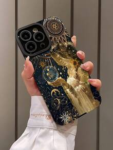 1 件时尚复古星月女神插画竖条纹高端仿皮防摔防指纹防震手机壳适用于苹果和机型 - 彩色 - 查看 3