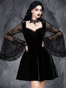 Ladies' Gothic Sexy And Elegant Halloween Ghost Bride Party Role Play Witch Costume, Lace Trim Velvet Dress - Black - View 5