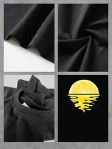 Camiseta con estampado de elementos reflectantes de limón para mujer, camiseta informal de manga corta y cuello redondo para primavera y verano, 100 % algodón de 220 g de grosor. - Negro - Ver 4
