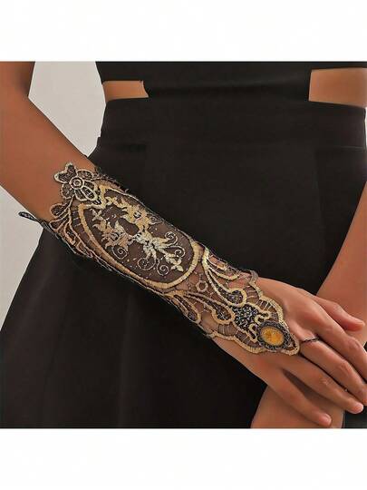 1pc Gold Rhinestone Black Gothic Lace Cuff Fingerless Gloves, Steampunk Arm Warmers, Vintage Court Style Lace Sleeve Bracelet, Tattoo Cover Jewelry, Suitable For All Seasons, Daily Wear, Holidays, Halloween, Christmas Gifts