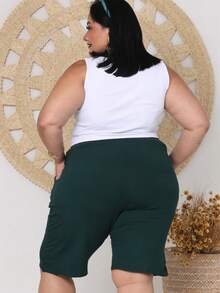 Bermuda Short Feminino Cintura Alta com Amarração  Simples    Casual    Bolso    Férias  Casa  Praia