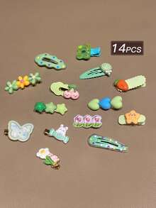 14pcs Women's Fashion Hair Clip Set, Green, Sweet And Cute, Teddy Bear And Rabbit Cartoon Pattern, Multiple Styles, Suitable For Daily Wear, Women's Hair Accessories, Recommended Gift, Claw Clips, Hair Clips, Hair Pins, Hair Clips - Green - View 4