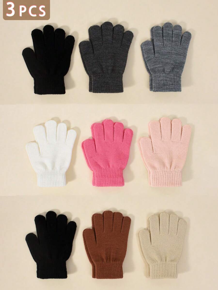 3 Pairs Kids Elastic Knit Gloves, Boys Girls Warm Gloves, Solid Color Fingerless Gloves, Suitable For Daily Casual Wear, Outdoor Cold Protection And Playing In Snow - 3PCS - View 1