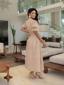 Vestido midi Luxo elegante lese bordado 3D com cinto manga curto - Rosê - Visão 2
