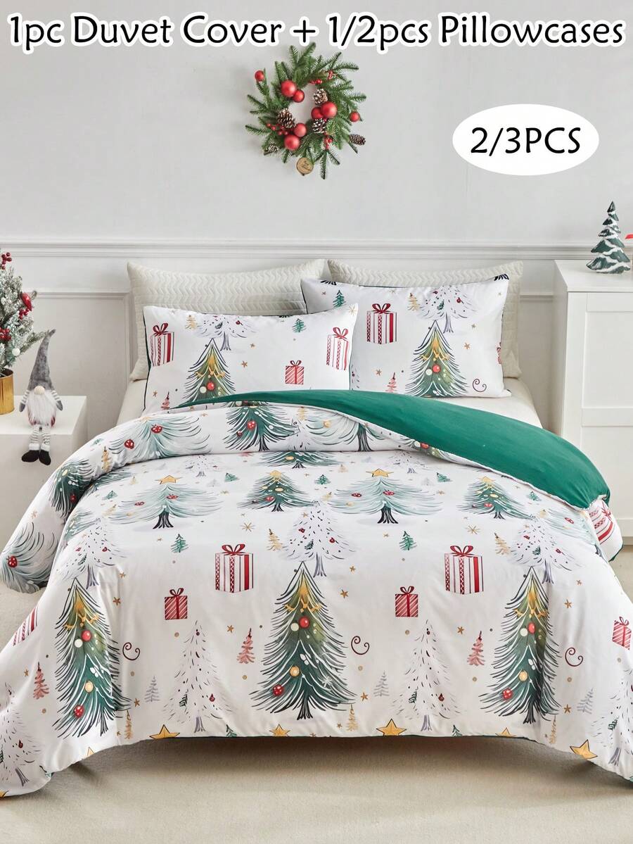 2/3pcs Green Christmas Tree Pattern Digital Print Duvet Cover Set, Cute Cartoon Bedding Set For Christmas, Soft, Breathable, Machine Washable, Christmas Decor, Christmas Gift (1 Duvet Cover + 1/2 Pillowcases) - Multicolor - View 1