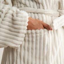 OHS Womens Super Soft Luxury Ribbed Fleece Loungewear Robe Dressing Gown - Navy Blue - View 3