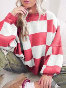 1 件女式红色毛衣，撞色格子针织罗纹加大码套头毛衣，基本款长袖上衣，加大码女式秋冬休闲/商务装 - 西瓜粉 - 查看 2