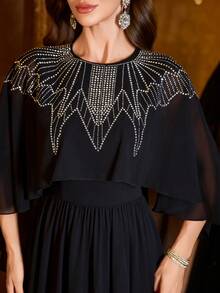 SUPGIR Damen Rundhals Fledermausärmel handgefertigtes Strass plissiertes Chiffon Abendkleid - Schwarz - Übersicht 5