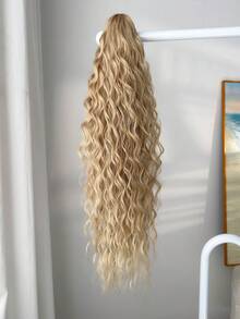 26-28 Inch Long Wavy Curly Ponytail Hair Extensions, Golden Blonde Color, Clip-In Synthetic Hair Ponytail, Fluffy & Natural Look, Suitable For Women, Daily Wear - Gold - View 6