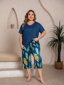 Women's Printed V-Neck Oversized Short Sleeve Pajama Set - Royal Blue - View 5