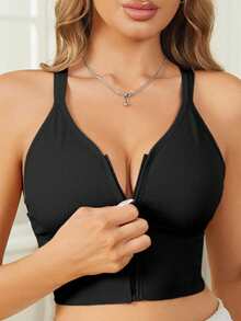 1 szt. bezszwowy, zapinany na zamek błyskawiczny z przodu, usztywniany, ochronny, seksowny biustonosz bez rękawów z odkrytymi ramionami, biustonosz sportowy do jogi i fitnessu z wycięciem w serek na plecach, oddychający, bezprzewodowy, dla kobiet