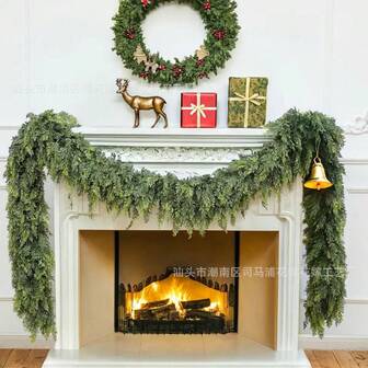 1件圣诞藤蔓人造雪松藤蔓松针松枝花环壁炉门挂楼梯桌面装饰