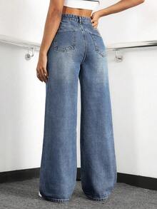 XIANGHE Pantalones vaqueros para mujer de pierna ancha y ajuste holgado con bolsillos para uso diario - Azul lavado oscuro - Ver 2