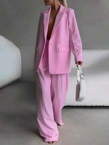 Elegant Business Casual Two-Piece Suit, Single Button Lapel Suit Jacket And Slim Fit Pants, Women's Clothing - 粉紅色 - 查看 4