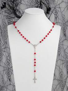 1pc Gothic Style Personalized Cross Beaded Necklace, Suitable For Women's Daily Or Party Wear, Halloween Accessory
