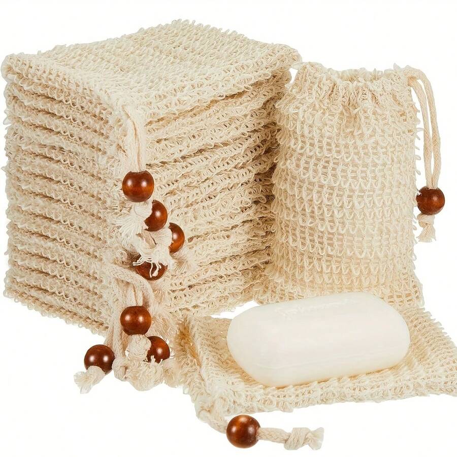 10pcs Soap Bag, Sisal Soap Bag, Exfoliating Soap Bag With Drawstring, Soap Bag With Wooden Beads, Foaming And Drying Soap, Exfoliating Net, Bath And Shower Soap Bag