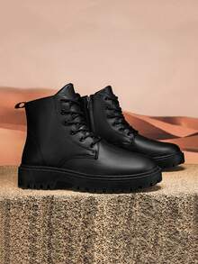 Men's High Top Boots, Autumn/Winter, All-Match Black Leather Casual Shoes, Wear-Resistant Low-Cut Cargo Shoes, New Fashionable Casual Shoes Go With Dress, Lace-Up Metal Eyelets - Black - View 6