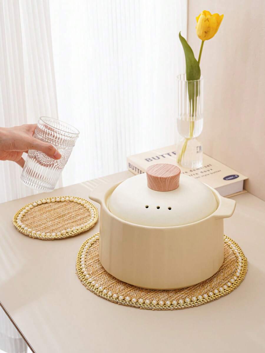 1 Stück Perlen-dekorierter Untersetzer, Tischdecken-Handwerk, Schüssel & Teller Kaffee-Matte, europäischer Stil Stoff Wärmeisolierender Untersetzer