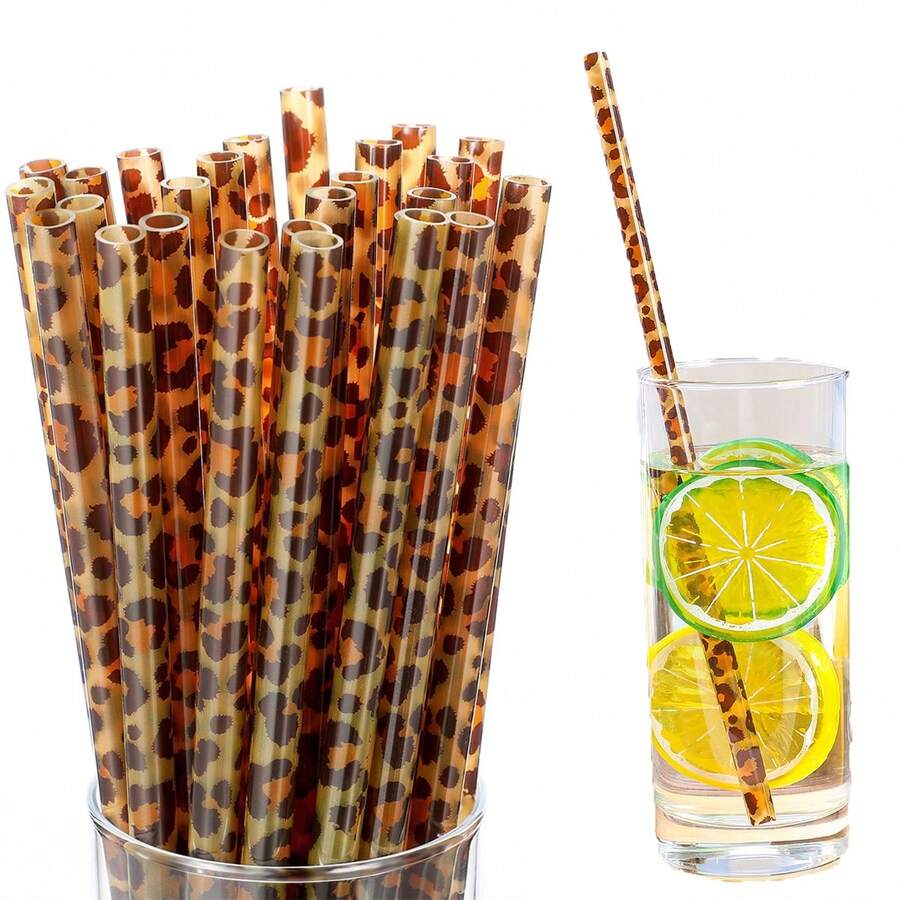 10/20 pièces Pailles léopard réutilisables en plastique, pailles animales guépard et 1/2 pièces brosse de nettoyage pour tasses de femmes, boissons, fête d'anniversaire sauvage, Halloween - Multicolore - Voir 1