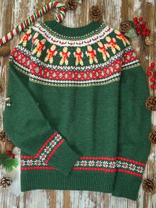 Lime Green Christmas Autumn And Winter Fashion Elegant Casual Women's Autumn And Winter Tops Autumn And Winter Women's Dark Green Gingerbread Man Geometric Pattern Patchwork Autumn And Winter Fashion Comfortable Casual Simple Home Commuter Design Round Neck Decorative Long Sleeve Women's Knitted Pullover Tops Sweater