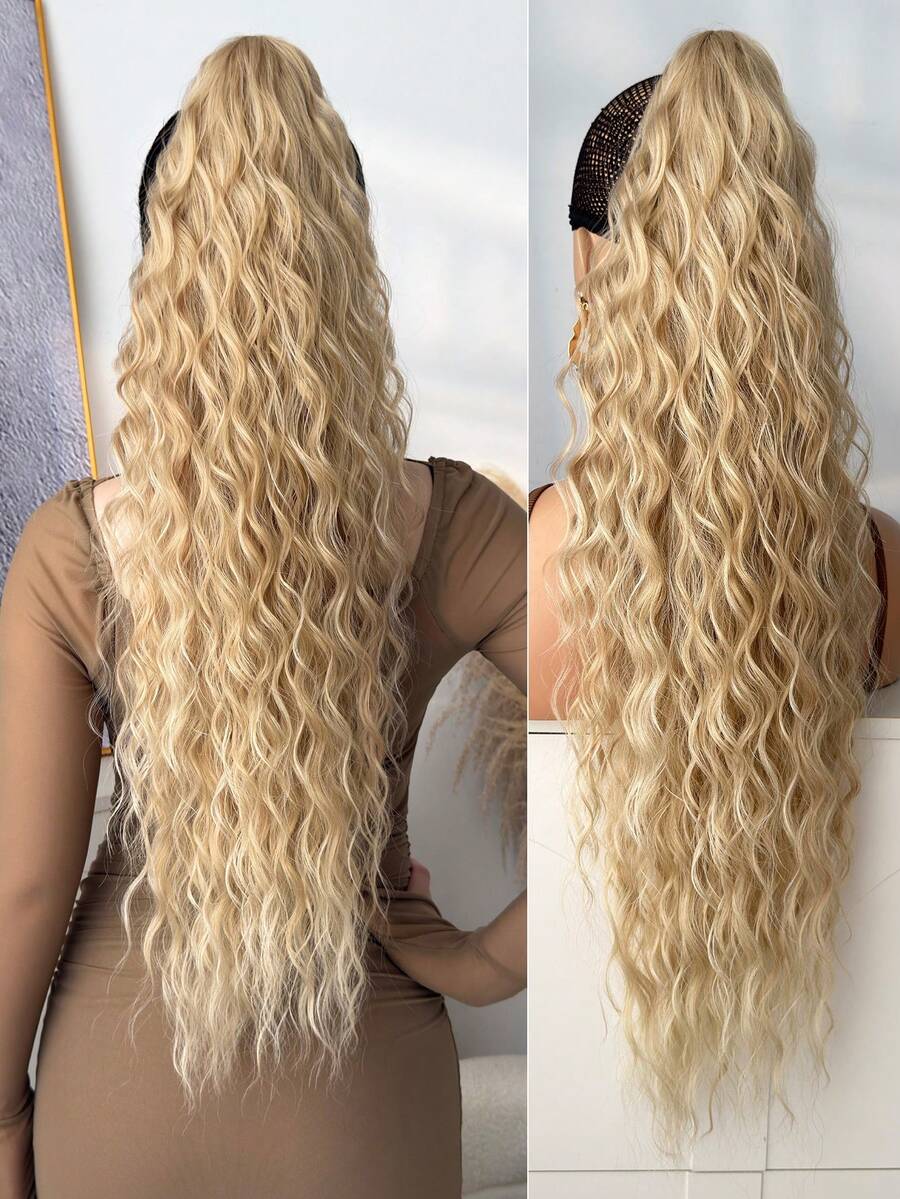 26-28 Inch Long Wavy Curly Ponytail Hair Extensions, Golden Blonde Color, Clip-In Synthetic Hair Ponytail, Fluffy & Natural Look, Suitable For Women, Daily Wear